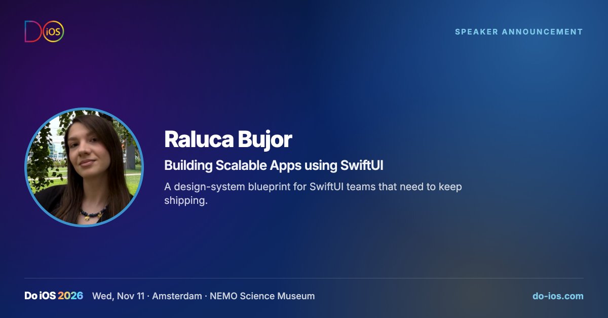 iOSConf's tweet photo. # X
SwiftUI scales — until the design system doesn’t.

Raluca Bujor (iOS Chapter Lead at Deutsche Bank) is coming to Do iOS with a practical blueprint for reusable, accessible, testable SwiftUI components.

If your app is growing faster than your UI consistency, this talk is the antidote.

Amsterdam · NEMO · Nov 11–12
https://t.co/dEDFNNYZ1O