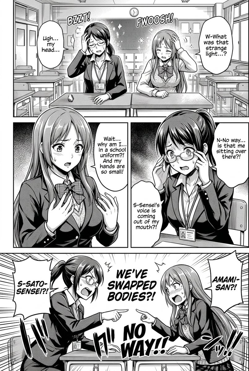tazmannner's tweet photo. Now, that' said nano banana 2.1 is incredible at making manga pages. Some details wrong but the overall result is very much usable. Blown away by this quality. I just prompted with reference for style "Make a manga 1 page about a female teacher and student body swap". https://t.co/UEBrnr6BWH
