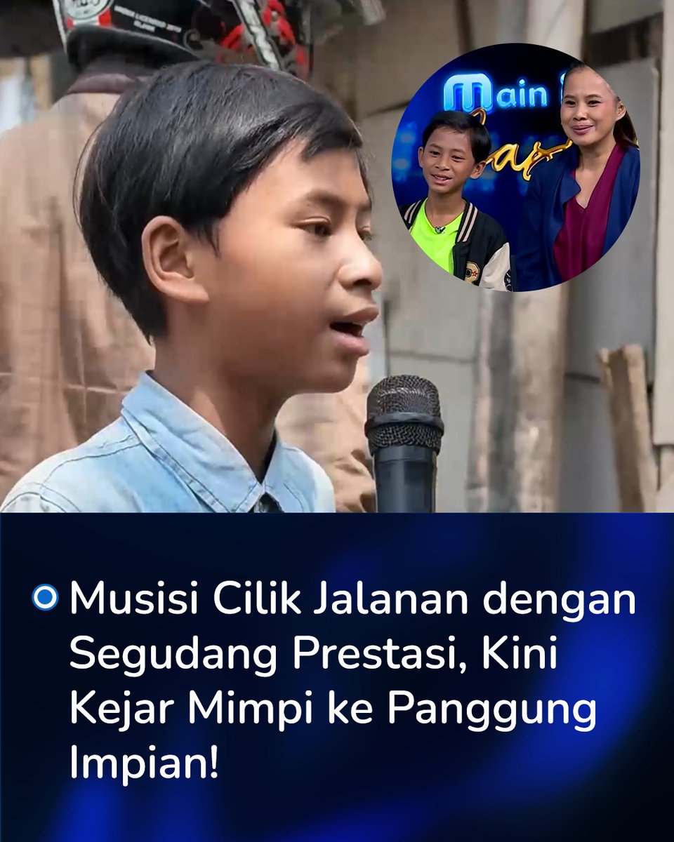 A news-style graphic features a young boy singing into a microphone on the left and a circular inset of a boy and woman on the right, with Indonesian text at the bottom about a street musician.