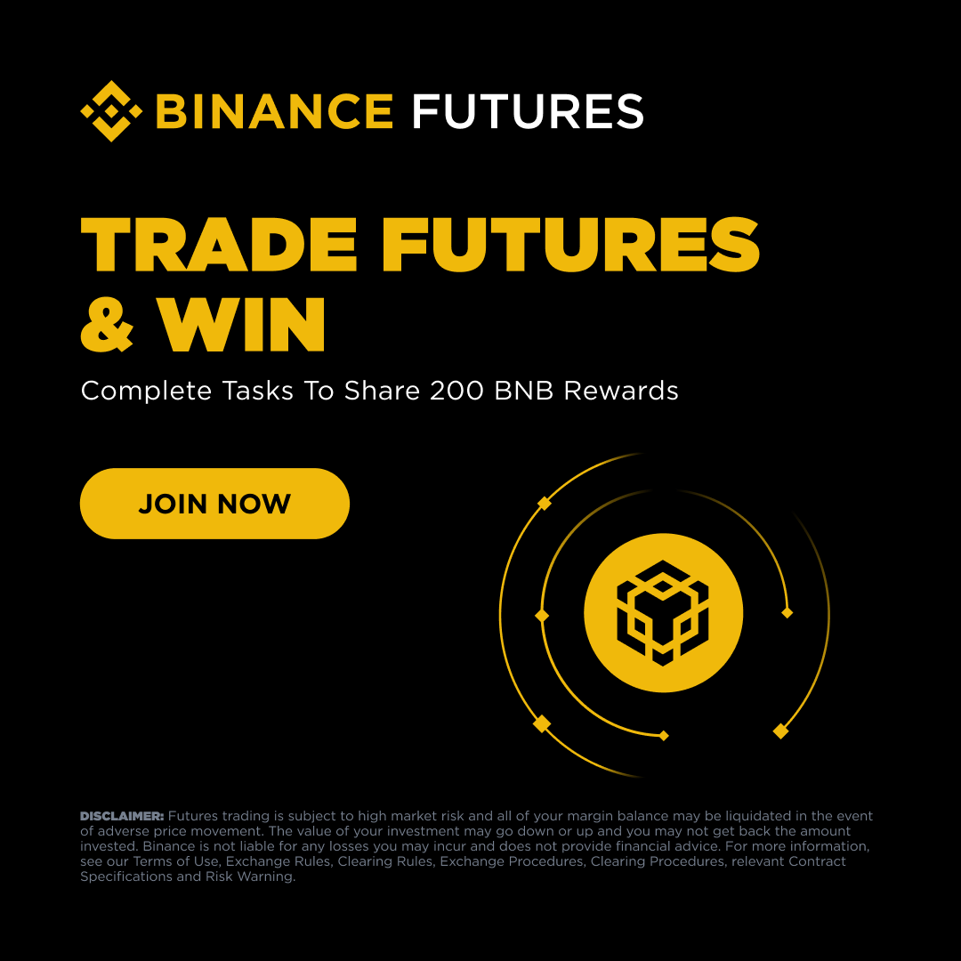 binance's tweet photo. What do new, returning, and active Futures users have in common?

This time, a rewards campaign.

Complete eligible Futures tasks for a chance to win a share of 200 BNB.

Explore → https://t.co/78Bl0sLxEa
