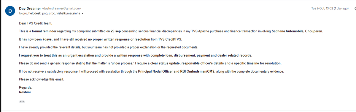 rjbikers's tweet photo. @RBI @TVSCredit @tvsmotorcompany  Still no response from these company . https://t.co/FocqojQrqh