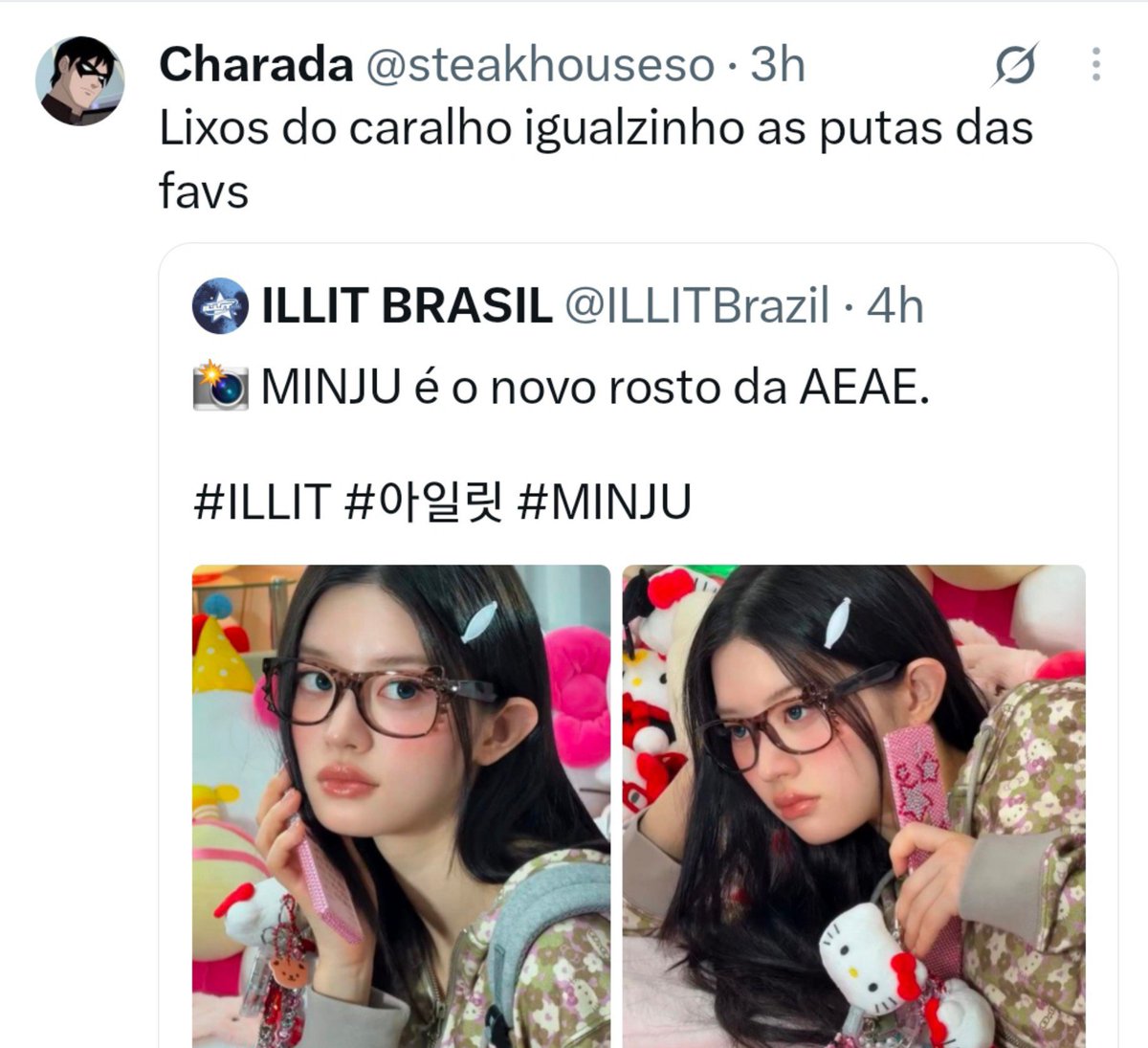 ILLITBrazil's tweet photo. Parem de envolver o ILLIT nisso. As meninas não fizeram nada. Parem de usar toda essa merda como munição para atacá-las. Desde ontem, estou vendo esse tipo de comentário e, sinceramente, vocês não são os defensores das mulheres? Então por que estão tratando elas assim?

Vamos ter um pouco mais de empatia, não pela fanbase, mas pelas meninas, que não têm absolutamente nada a ver com isso.