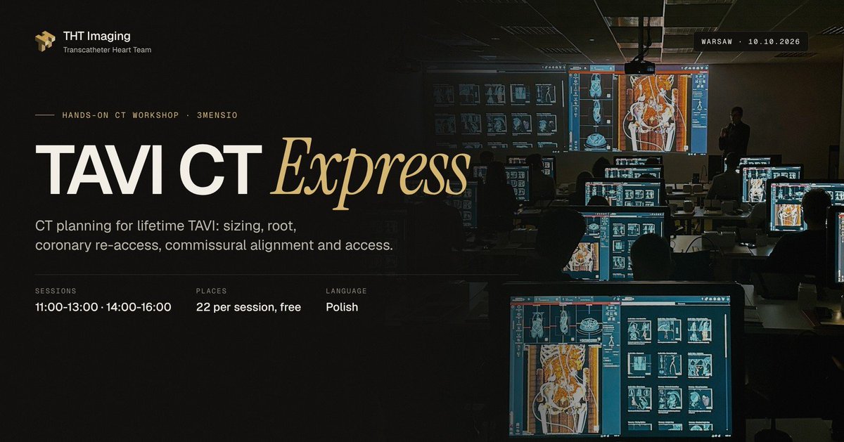 THTconference's tweet photo. Today at @CVPrevInterv: TAVI CT Express at Focus Hotel Premium Warszawa.
Sessions at 11:00 and 14:00, hands-on in 3mensio with @RafalWolny and @BartoszRymuza. One question runs through both: what does this CT tell us about the second valve, not only the first?
#TAVI #CardiacCT https://t.co/XImGe68jZp