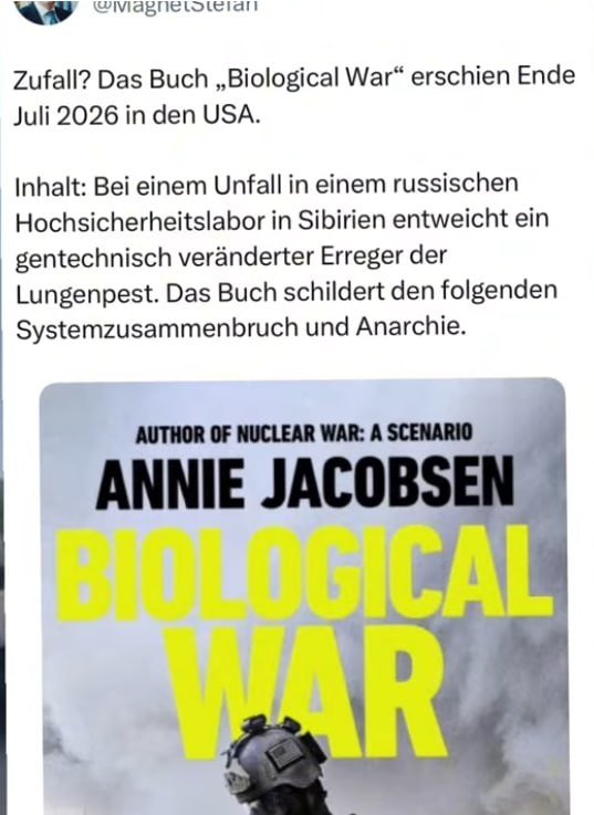 75Skraemer's tweet photo. @unzensiert_infoseite 

Zufall? Das Buch „Biological War“ erschien Ende Juli 2026 in den USA.

Inhalt: Bei einem Unfall in einem russischen Hochsicherheitslabor in Sibirien entweicht ein gentechnisch veränderter Erreger der Lungenpest. https://t.co/m2o6Pdbyqc