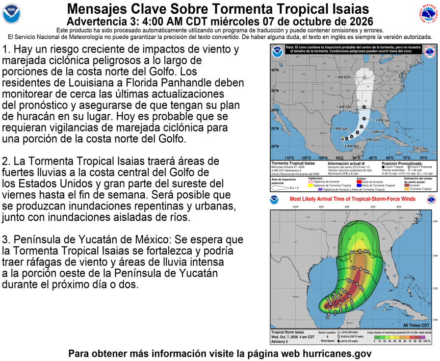 NHC_Atlantic's tweet photo. 4 AM CDT Wed Oct 7 (Advisory 3) Key Messages for Tropical Storm #Isaias. Latest info: https://t.co/GrztW6mQJV

4 AM CDT miércoles 7 de octubre (Aviso 3) Mensajes clave sobre la tormenta tropical #Isaias. Más información: https://t.co/GrztW6mQJV https://t.co/KtZXk4I1OV
