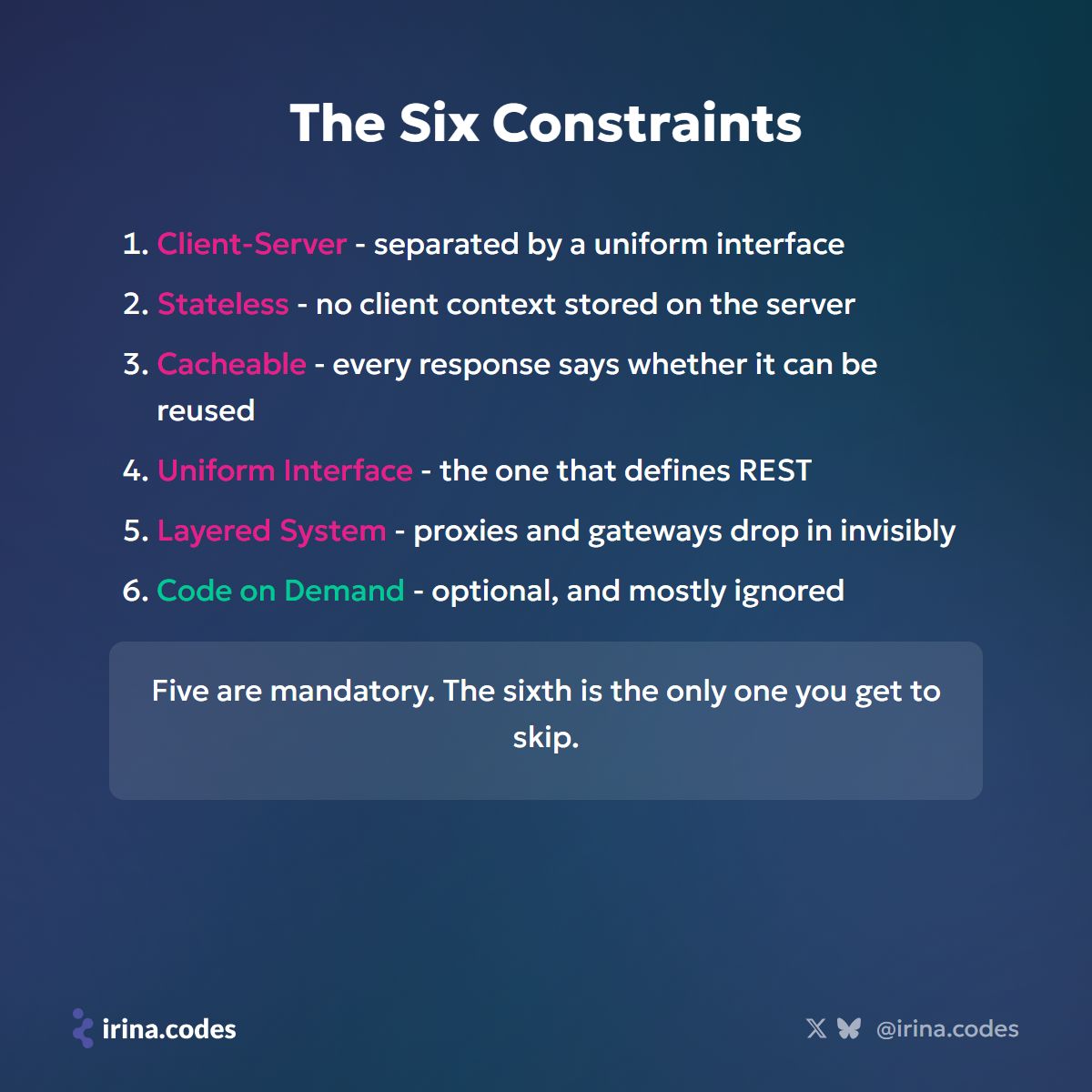 irina_scurtu's tweet photo. 401 is unauthenticated. 400 is malformed. 422 is valid JSON your rules reject.
410 is permanently gone. 404 is not there.
Your clients make decisions on these. #rest #apidesign https://t.co/zPm4ZsA4PU