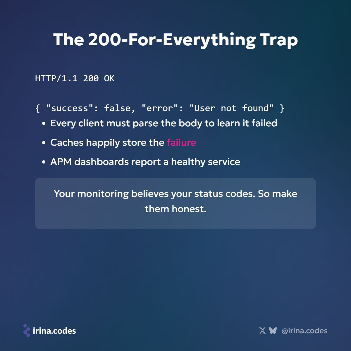irina_scurtu's tweet photo. 401 is unauthenticated. 400 is malformed. 422 is valid JSON your rules reject.
410 is permanently gone. 404 is not there.
Your clients make decisions on these. #rest #apidesign https://t.co/zPm4ZsA4PU