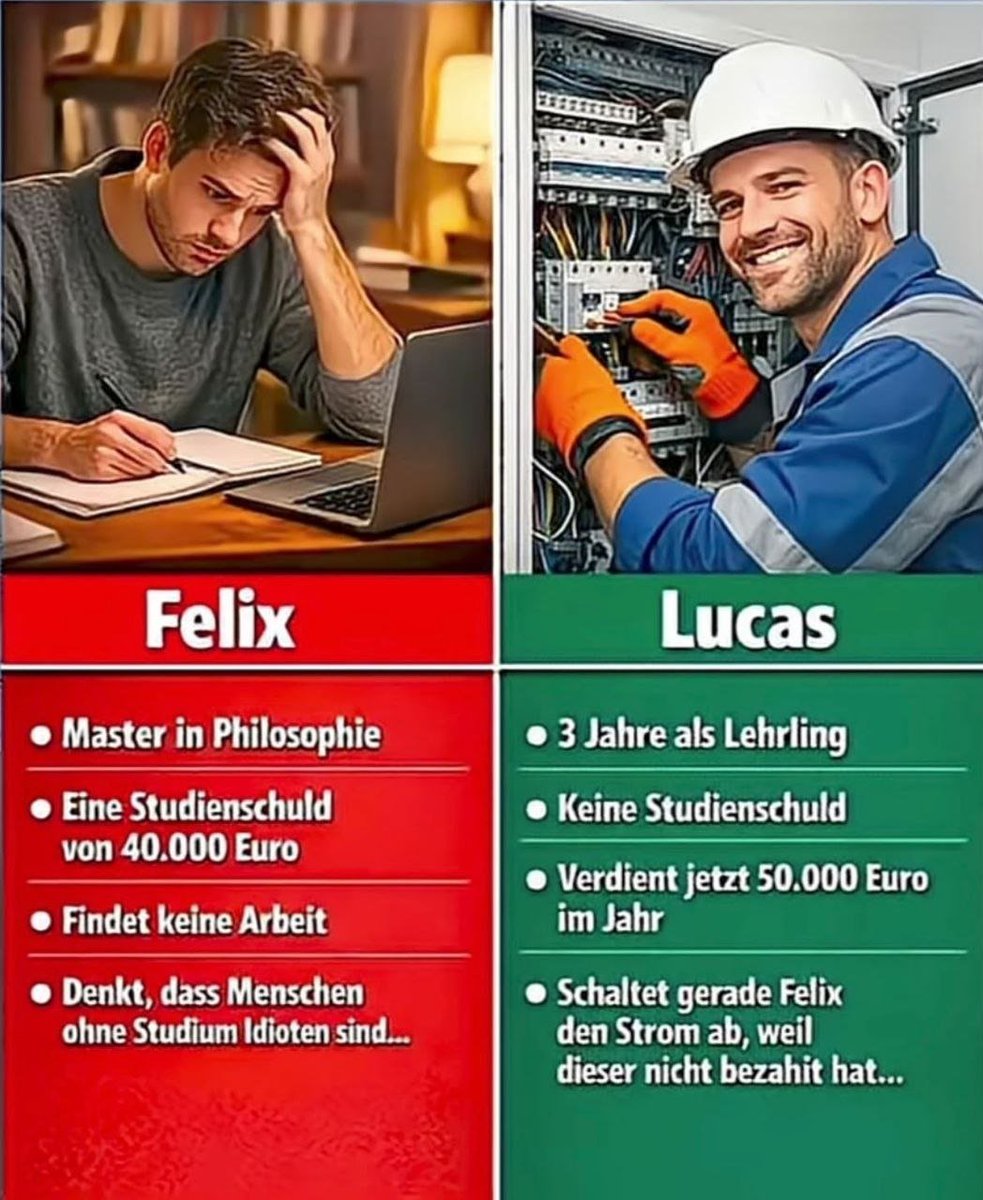 75Skraemer's tweet photo. Der kleine aber feine Unterschied 
Handwerker werden überall gesucht.
Studenten wissen nicht wie man Arbeitet. https://t.co/pM3856LSfj