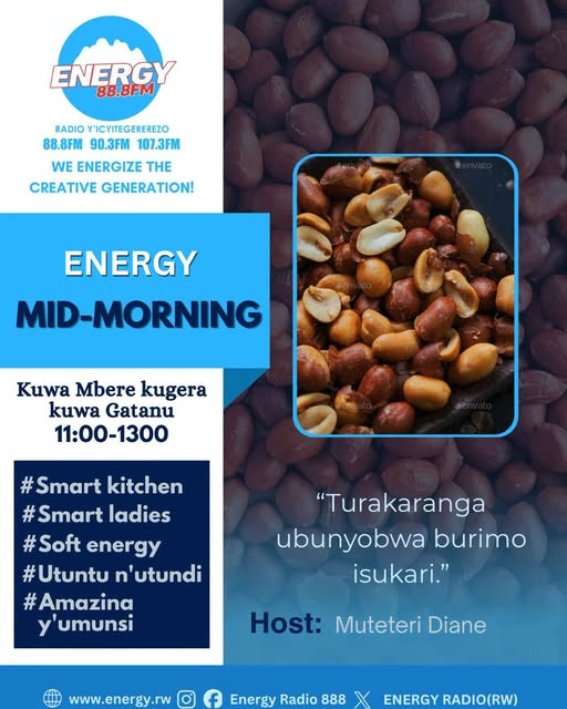 ENERGY888FM's tweet photo. Ujya ugira iminwa ishishuka? Ntucikwe n'ikiganiro #EnergyMidMorning umenye uko wakwita ku mwinwa ishishuka. #SmartLadies.
Uyu munsi mu gikoni turakaranga ubunyobwa burimo isukari.
Ikaze Muteteri Diane niwe mugiye kubana. https://t.co/akbeujzID7
