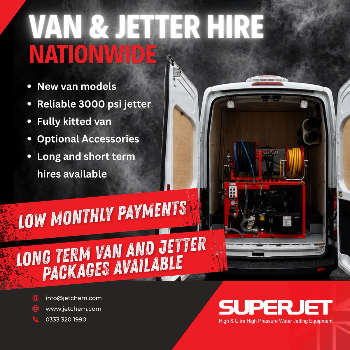Superjet_UK's tweet photo. Whether you need an emergency short term vehicle or a long term hire we've got you covered with our van and jetter packages.

✅️ Modern van model
✅️ Fully kitted van 
✅️ Reliable 3000psi jetter
✅️ Optional extras 
✅️ PEACE OF MIND

hire@jetchem.com | 0333 320 1990 https://t.co/kVMrRGyM9Q
