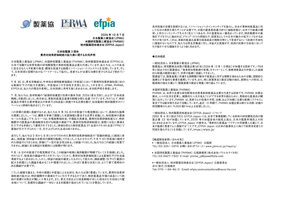 Seiyakukyou's tweet photo. 日米欧製薬3団体共同声明

費用対効果評価制度における薬価引下げの拡大案が示され、中医協がその方向性を支持したことに対し、私たちは深く憂慮しています。

#JPMA、#PhRMA、#EFPIA は、日本政府に対して本提案の再考と十分な議論を強く求めます。

共同声明の詳細はこちら
https://t.co/rkpKmqbsDH https://t.co/159QrZ2pma