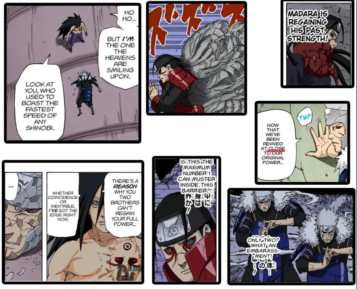 vinsmxkepiece's tweet photo. We know that Edo Tensei counterparts of the characters do not retain their original strength when reanimated - they are slightly weaker / at most equal but never stronger than their original part.

This was not only highlighted by Madara but also by Tobirama and Hashirama themselves. 

Tobirama stated verbatim that they've only been revived at CLOSE to their original power, with both only able to perform either 2 clones or a few rocks. 

Madara himself says there's a reason why they can't regain their full powers, and it's because they're Edo's.