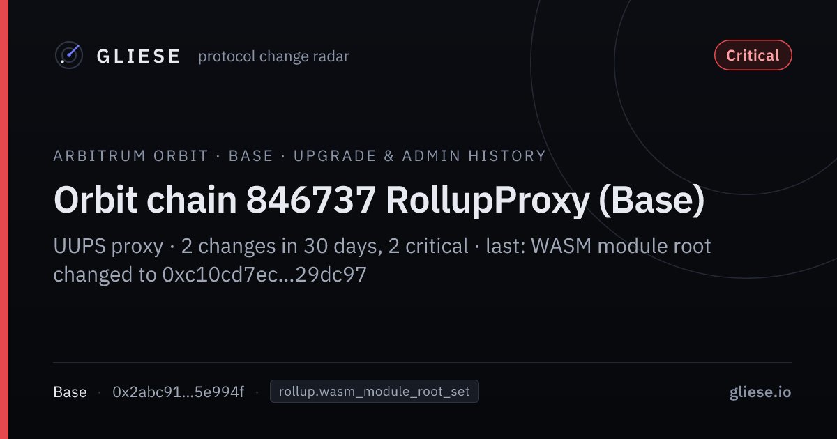 glieseio's tweet photo. Orbit chain 846737 RollupProxy (Base) on Base changed its WASM module root (fraud-proof program).
Root: 0xc10cd7ec…29dc97
https://t.co/NJ4TVkavzy https://t.co/Zslll0CzzD