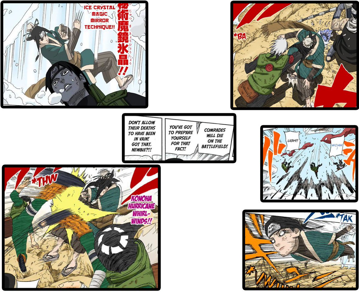 vinsmxkepiece's tweet photo. Now, if we were to move on to when Haku was reanimated, we extrapolate this logic and say that Haku was never faster or stronger than her original counterpart, but possibly weaker/slower.

And yet, characters like Teen Lee and Guy, Lee who has BLITZED Sasuke - the same Sasuke who you guys say is faster than Haku - gets reacted to by the very same (POSSIBLY) slower Haku when moving between her mirrors OFFGUARD.

Not only that, but Haku was still able to react to a massively faster and stronger Kakashi, as well as perception-blitz Sai, with her mirrors too.

The narrative indicates that all of them were going all out to avoid the death of their comrades.
