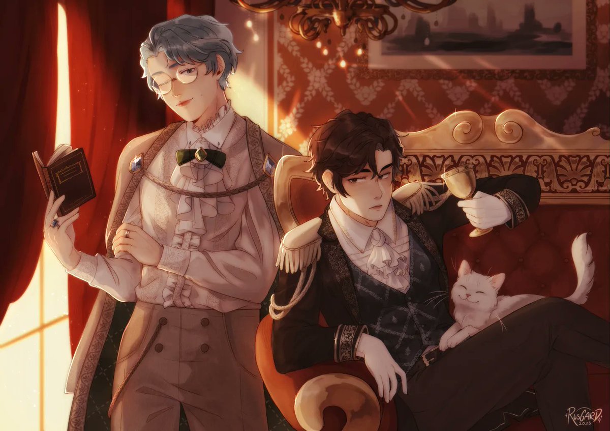 _rusgard's tweet photo. Per usual kept forgetting to post but here's the full piece I made for the fashion zine 😌💜💙 Got to draw my fave old men in royalcore <3
Added the outfit sketches and the wip of jumins vest at the end bc I was rly proud of how it came out before the editing made it too dark… https://t.co/qS1SVKdolf