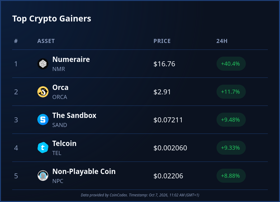 CoinCodex's tweet photo. Today's top #crypto performers:

💠 $NMR (+40%)
💠 $ORCA (+11%)
💠 $SAND (+9%)
💠 $TEL (+9%)
💠 $NPC (+8%)

@numerai is dominating the #altcoin market today, easily outperforming all other top 200 contenders as #Bitcoin slides below $84,000. https://t.co/bYgq0xq2QO