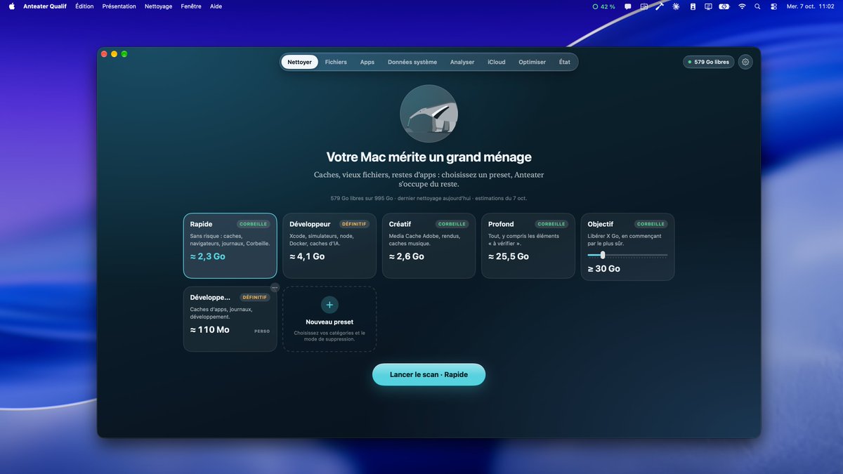 baptistefrtr's tweet photo. Depuis des mois je galère avec le stockage de mes macs. Aucune app n'arrivait a bien clean tout ce que je voulais / je devais en utiliser plusieurs.
Du coup je viens de terminer le MVP de ma nouvelle app "Anteater" (mes collègues vont kiffer)

#swiftui #apple #macos #indiedev https://t.co/pJxDstZEd2