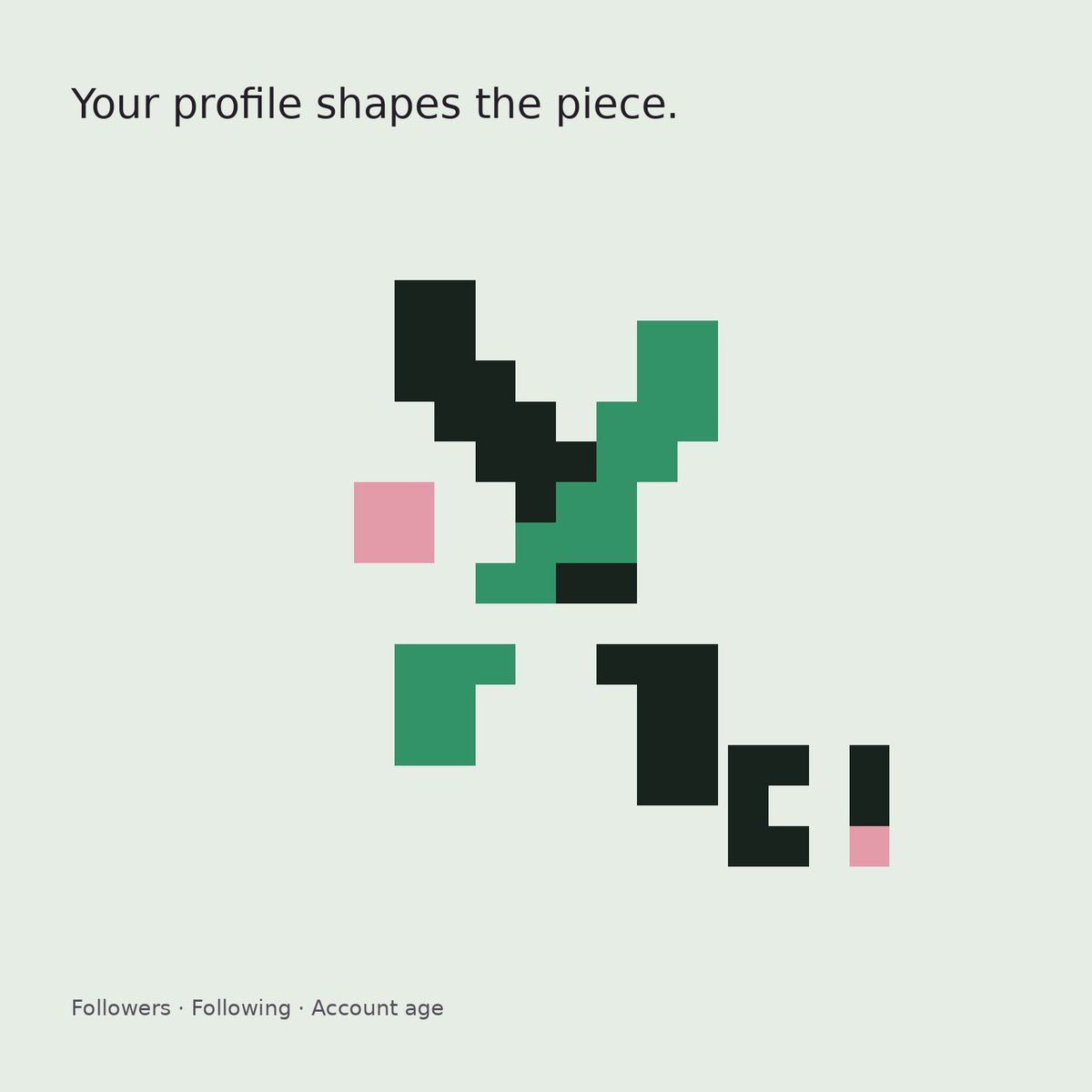 aboutVeil's tweet photo. You don't need a large account to take part.

Veil uses profile metrics as inputs for the artwork. More followers doesn't mean a better piece, and there are no rarity tiers.

Different profiles give us different things to work with. https://t.co/pmQcE8le06