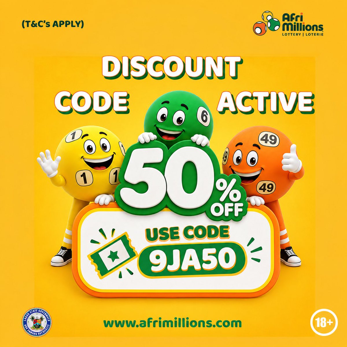 AfriMillions_NG's tweet photo. We still dey Independence spirit. 
We dey let you get your tickets for ₦500 instead of ₦1,000.

Go https://t.co/joMw9KUsvR and use code 9JA50 for checkout to enjoy this promo.

T&amp;C’s Apply |18+
Play Responsibly

#Afrimillions #Promocode #Naijawin https://t.co/vQonK0NDPO