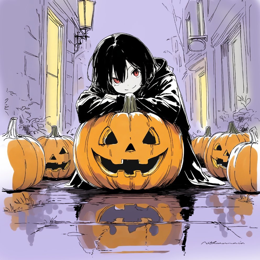 StudioNoGimmick's tweet photo. ハロウィンまで、あと二十四日。
雨上がりの路地で、少女はかぼちゃを並べていた。いちばん大きなものを真ん中に。少し不格好なものは、その隣に。

「ずいぶん気が早いね」
パン屋の主人に声をかけられ、少女はかぼちゃに顎をのせた。
「こうしておけば、早く来ても大丈夫でしょ」
「誰が？」
少女は笑うだけだった。

その夜、店じまいをしていた主人は、路地で白い影を見た。小さなおばけが一匹、かぼちゃの前でもじもじしている。
「ぼく日にち、間違えちゃった」
少女は驚きもせず、マントの内側から飴を取り出した。
「一番乗りだね！」

#PixAITsubakiV3 @PixAI_Official
