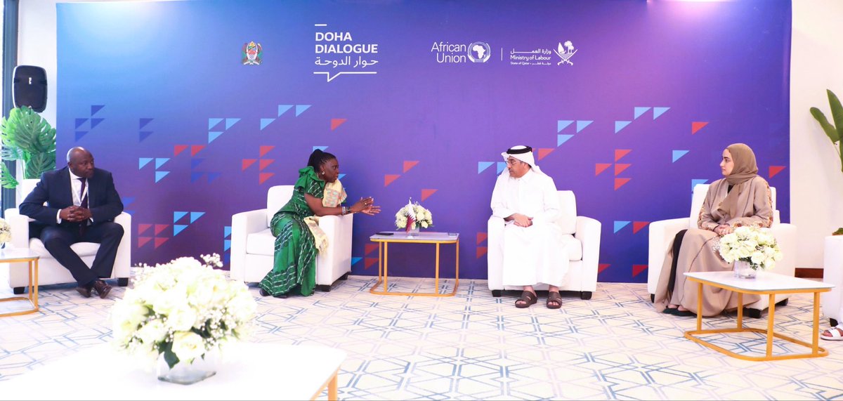 AU_HHS's tweet photo. On the margins of the 2️⃣nd #Africa–#GCC+ Dialogue on Labour Mobility, H.E @amma_twumamoah met with Hon. Dr. Ali bin Samikh Al Marri, Qatar’s Minister of Labour.
They discussed strengthening labour-migration gov., enhancing mutual respect &amp; protecting the right of migrant workers. https://t.co/tfmnQujjy6