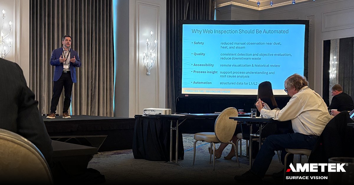 surfacevision's tweet photo. Thank you to everyone who joined John's presentation at the Fiberglass Mat Technology Forum this week!

During the session, John discussed how integrated web inspection and web monitoring systems help fiberglass mat manufacturers identify common quality issues, including wrinkles, fiber bundles, long fibers, and binder anomalies.

Using examples from operational installations, he also explored how inspection data supports root-cause investigations of quality deviations and process upsets, helping manufacturers improve yield, reduce waste, and meet operational sustainability goals.

If you didn't manage to attend the presentation and would like to learn more about improving fiberglass mat quality through web inspection and monitoring, drop us a message on LinkedIn.

#FiberglassMat #QualityControl #TAPPI #SurfaceInspection @TAPPITWEETS
