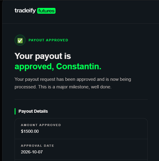 Screenshot of a Tradeify payout approval for $1,500 referenced in @tradebln's X post