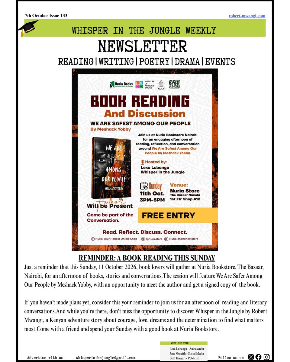 WhisperJungle's tweet photo. How to succeed as a writer in Kenya. Are you a writer, poet, or book lover in Kenya? Here is your Weekly Newsletter. Join our community of passionate readers, writers, and poets as we explore the world of words.
#WhisperInTheJungle #OurCommunity #LiteraryCommunity https://t.co/RAvU4kzX22