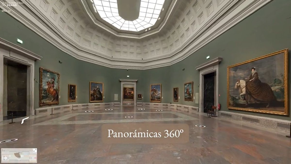A panoramic 360° view of an empty museum gallery, identified by text as 'MUSEO NACIONAL DEL PRADO SALA 17', featuring classical paintings including equestrian portraits and a domed skylight ceiling.