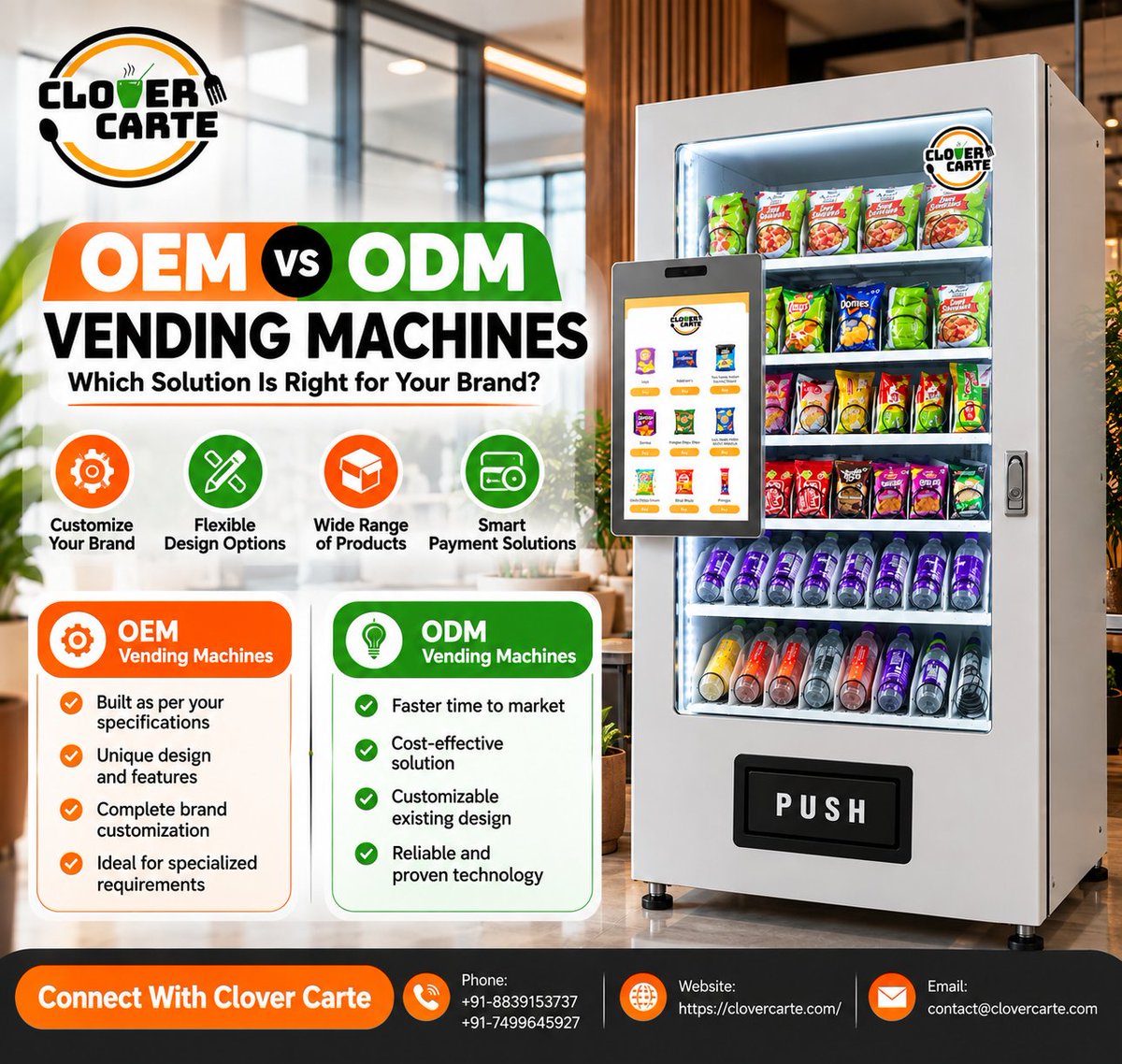 clovercarte's tweet photo. OEM vs ODM Vending Machines: Which Solution Is Right for Your Brand?
👉 For read more Visit:- https://t.co/LIhYTSmCbo
#OEMVending #ODMVending #SmartVending #VendingMachineIndia #VendingMachineManufacturer #CustomizedVending #AutomatedRetail #SmartRetail #CloverCarte https://t.co/uMWjpOeShN