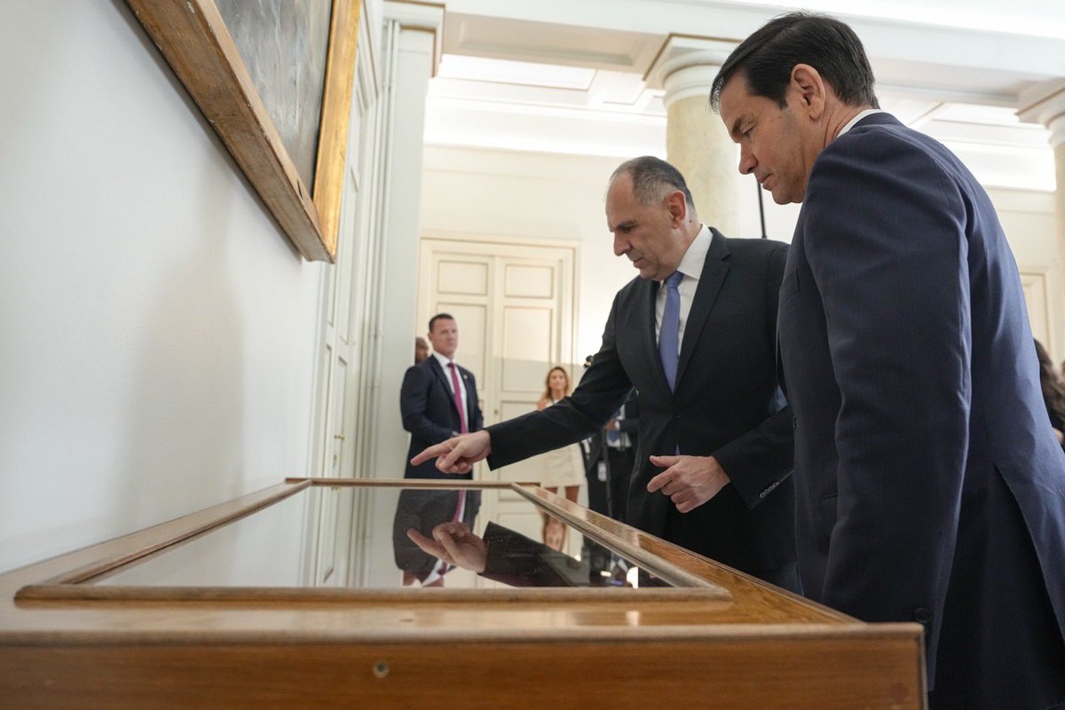 SecRubio's tweet photo. Arrived in Greece for the 6th U.S.-Greece Strategic Dialogue. Greece is a steadfast, capable NATO ally. 

We are united in defense, energy, and shared democratic values. 

The U.S.-Greece bond is deep, and our partnership is stronger than ever. https://t.co/FT1O0kWDge