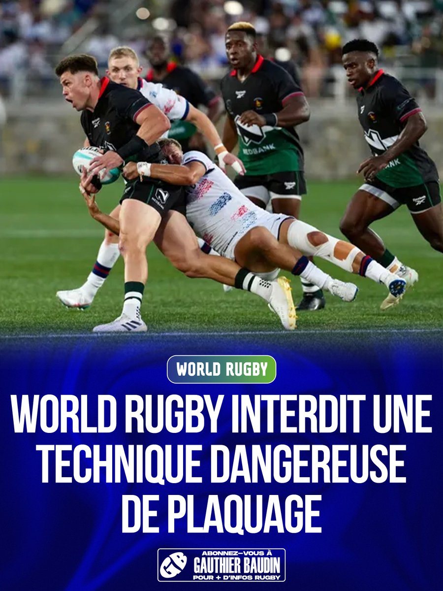 GauthierBaudin's tweet photo. Un nouveau changement de règles en cours de saison va impacter le rugby mondial et français, professionnel comme amateur ! World Rugby a choisi de clarifier le règlement concernant deux techniques de plaquage jugées dangereuses : le plaquage dit "pivotant" et le plaquage avec un ou deux genoux à terre. Désormais officiellement sanctionnés, ils visent à mieux protéger la santé des joueurs.

Le plaquage pivotant, qui consiste à faire tomber un adversaire puis à tomber sur ses jambes par derrière, et parfois appelé "hip drop tackle" en anglais, sera explicitement intégré à la Règle 9.13 comme acte de jeu dangereux et sanctionné d’une pénalité à partir du 1er novembre 2026. Le plaquage avec genou(x) à terre, déjà visé par la règle interdisant de plaquer depuis le sol, fera l’objet d’une directive d’application dès le 5 octobre afin d’assurer une interprétation uniforme par les arbitres.

Ces changements font suite aux travaux d’un groupe d’experts mandaté après la réunion "Shape of the Game". "Même si un changement de cette nature peut s’avérer difficile à gérer à court terme, le temps que les joueurs, les entraîneurs et les arbitres s’y adaptent, cette décision a été prise pour protéger les joueurs contre des blessures potentiellement graves, et c’est tout à fait ce qu’il faut faire" explique l'ancien international irlandais Rob Kearney, également représentant de l’Association internationale des joueurs de rugby.

(📸World Rugby)