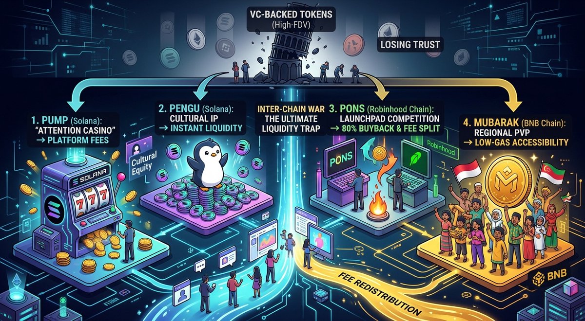 nexadex's tweet photo. PUMP, PENGU, PONS, and MUBARAK aren't just another memecoin wave.

They mark a structural shift in how crypto protocols monetize attention.

High-FDV VC tokens burned retail trust. 

Memecoin launchpads didn't just replace VCs they replaced exchange listings entirely.

Look at the mechanics:

• PUMP: Turned token creation into a high-frequency slot machine with guaranteed platform cuts.
• PENGU: Converted top-tier NFT cultural equity directly into instant Solana liquidity.
• PONS: Attacks https://t.co/jTOVqLcXbE's monopoly via an 80% fee buyback and creator revenue split.
• MUBARAK: Proves regional retail capital craves low-gas PvP arenas when mainnet cools down.

This is an inter-chain war to build the ultimate liquidity trap.

The winners won't be the best tech stacks. 

They will be the protocols that master fee redistribution.

Follow the cash flow, not the narrative.