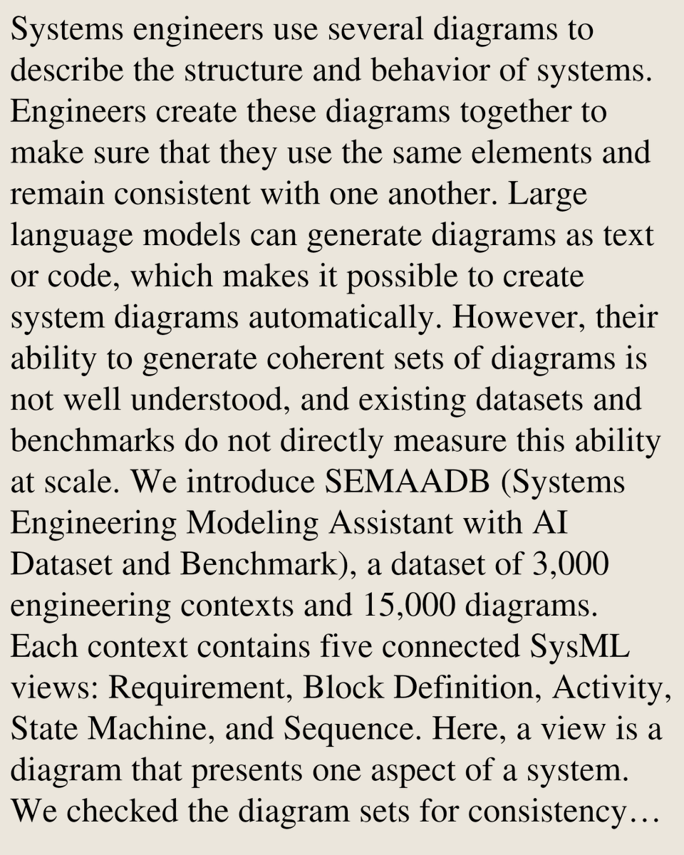 ComputerPapers's tweet photo. A Validated Dataset and Benchmark for Coherent Multi-Diagram SysML Models

Ardalan Aryashad, Yan Jin
https://t.co/ulUaNDgTTW [𝚌𝚜.𝚂𝙴 𝚌𝚜.𝙰𝙸] https://t.co/8az1cT9qH1