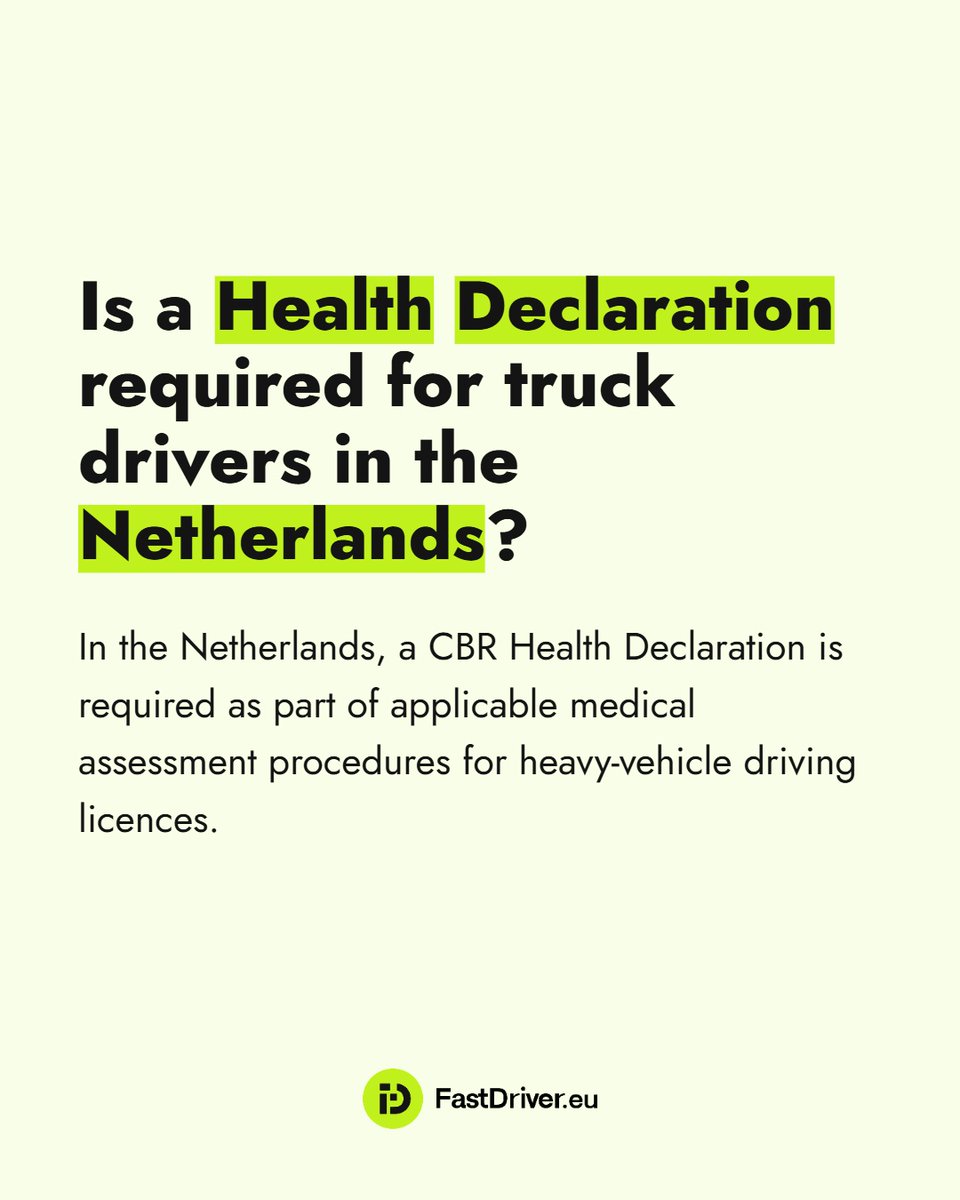 FastDriverEU's tweet photo. Is a Health Declaration required for truck drivers in the Netherlands?
Yes. A CBR Health Declaration forms part of the medical assessment process for heavy-vehicle driving licences.
Read more:
https://t.co/CuQt607OC7
#TruckDriver #HealthDeclaration #Netherlands #CELicence https://t.co/iiCeTDHkrA