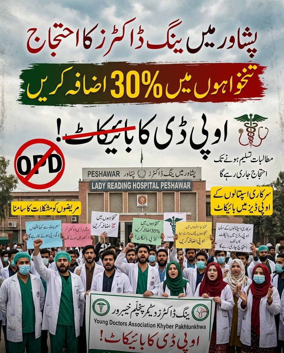 ItsRabiaSoomro's tweet photo. پشاور میں ینگ ڈاکٹرز کا تنخواہوں میں 30 فیصد اضافے سمیت دیگر مطالبات کے حق میں احتجاج، سرکاری اسپتالوں کی او پی ڈیز میں بائیکاٹ سے مریضوں کو مشکلات کا سامنا۔ ڈاکٹرز کا کہنا ہے کہ مطالبات تسلیم ہونے تک احتجاج جاری رہے گا۔
#ایمرجنسی_لگاو_پختونخواہ_بچاو
#خیبرپختونخواہ_لہولہان https://t.co/GY9DU3v9Hn