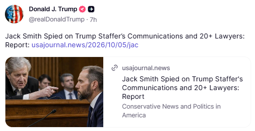 GuntherEagleman's tweet photo. JACK SMITH'S TEAM WAS TRACKING THE PHONE OF THE WOMAN RUNNING TRUMP'S CAMPAIGN.

Newly declassified FBI memos show Smith's "Plasmic Echo" probe logged every call and text on Susie Wiles' phone for months in 2023, including her contacts with at least 21 Trump lawyers, campaign advisers, and five journalists. 

They even went after her email records with Google, Microsoft, and Yahoo. 

If Trump's DOJ did this to a Democrat campaign chief, the media would be calling it Watergate on every channel. 

This was lawfare, and Jack Smith needs to go to prison for it.
