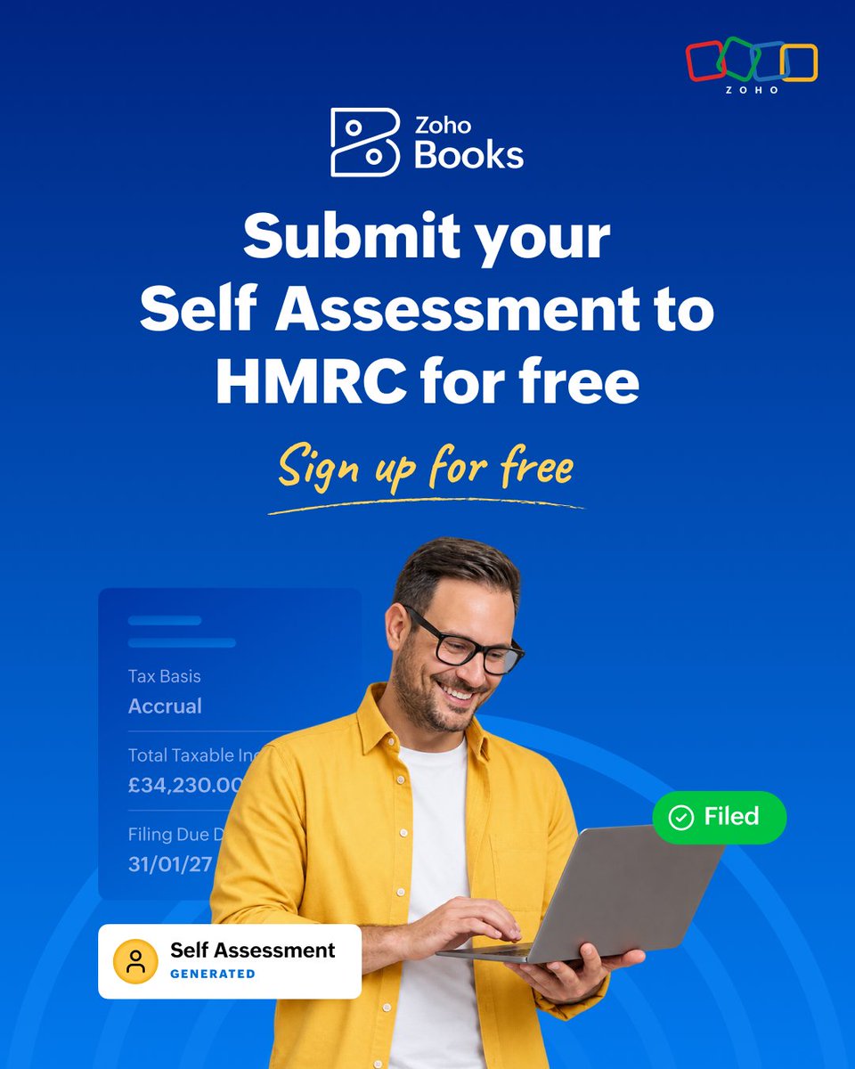 ZohoBooks's tweet photo. January doesn't have to be stressful for individual taxpayers and accountants in the UK. 
Filing self assessment with HMRC has never been simpler with software.    
Whether you’re a sole trader, landlord, limited company director, or an accountant or bookkeeper supporting these clients, Zoho Books helps you file self assessment return for free. 

Here's how Zoho Books makes it effortless: 
- Keep digital records of income & allowable expenses year-round
- Map accounts & auto-populate supplementary forms (SA102, SA103S, SA105)
- Get full visibility over tax calculations with SA302 summaries before filing
- Submit your SA100 tax return directly to HMRC with ease

Explore Zoho Books: https://t.co/1X1qYycncU