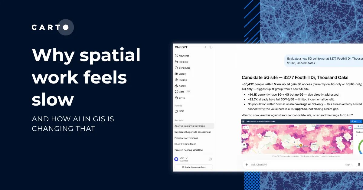 CARTO's tweet photo. Why does spatial work still feel slow when nearly every GIS tool has AI? 🐌

Most assistants speed up the first draft, but exports, rebuilds, and manual changes remain. The bigger gains come from connected, reusable workflows.

Learn more: https://t.co/U2ixFW3Cx7 https://t.co/UJW2nJyd0X
