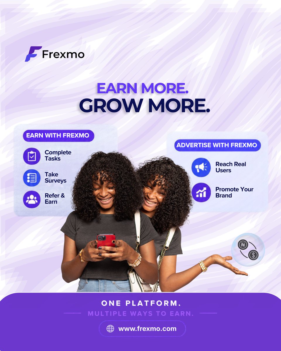 Frexmo_official's tweet photo. Earn more. Grow more. 💜

Complete tasks, take surveys, refer &amp; earn or advertise your social media platforms, yourself, your app, your website, your brand and reach real users.

One platform. Multiple opportunities
https://t.co/bcM3EWmIJw https://t.co/oAQ1ShMTx2