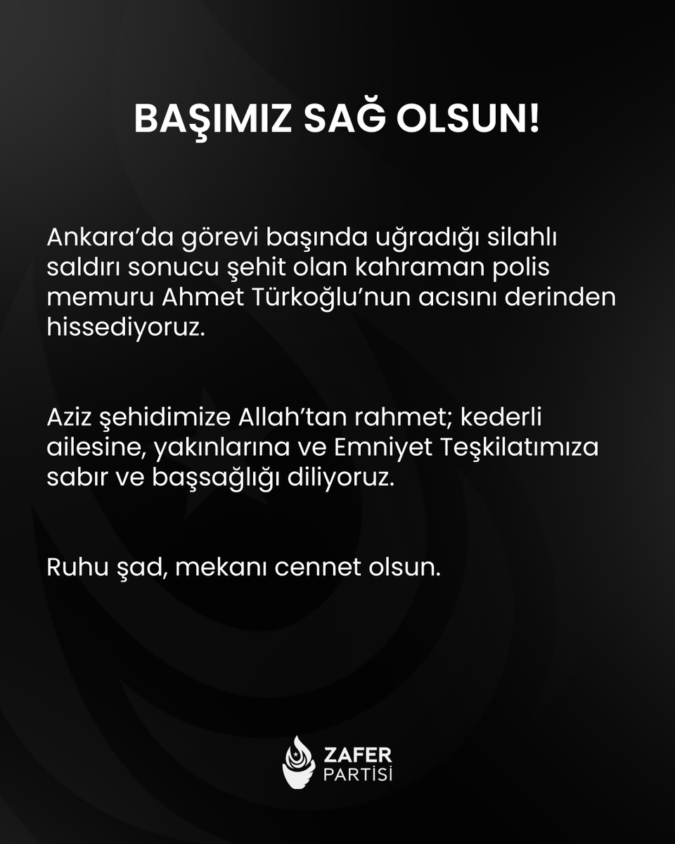 zaferpartisi's tweet photo. Ankara’da görevi başında uğradığı silahlı saldırı sonucu şehit olan kahraman polis memuru Ahmet Türkoğlu’nun acısını derinden hissediyoruz.

Aziz şehidimize Allah’tan rahmet; kederli ailesine, yakınlarına ve Emniyet Teşkilatımıza sabır ve başsağlığı diliyoruz.

Ruhu şad, mekanı cennet olsun.