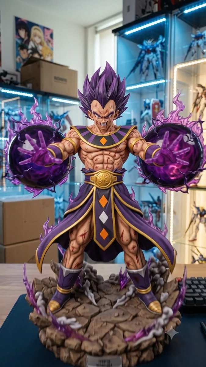 A detailed statue of a muscular anime character with spiky purple hair, wearing purple and gold armor, surrounded by purple energy effects, displayed on a rocky base in a collector's room.