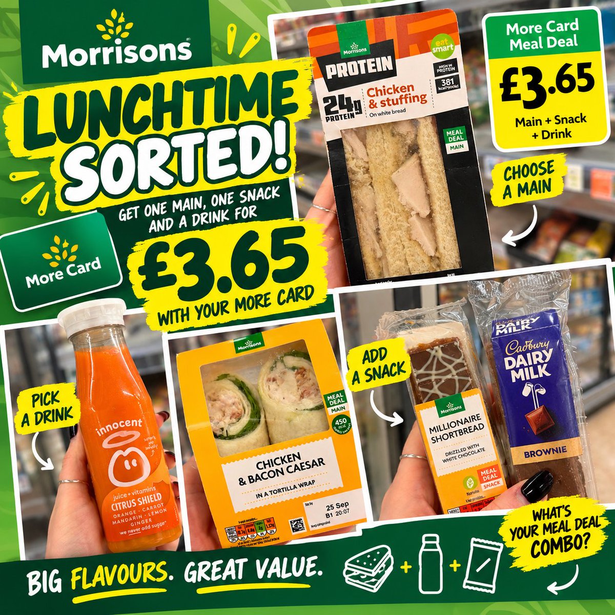 BayviewSC's tweet photo. Lunch sorted at @Morrisons! 🥪💚
Pick 1 main + 1 snack + 1 drink for just £3.65 with your More Card 🙌
From sandwiches and wraps to sweet treats and refreshing drinks, what would make your perfect meal deal combo? 👇😋
#Morrisons #MoreCard #MealDeal #LunchSorted https://t.co/aqFYRM98cC