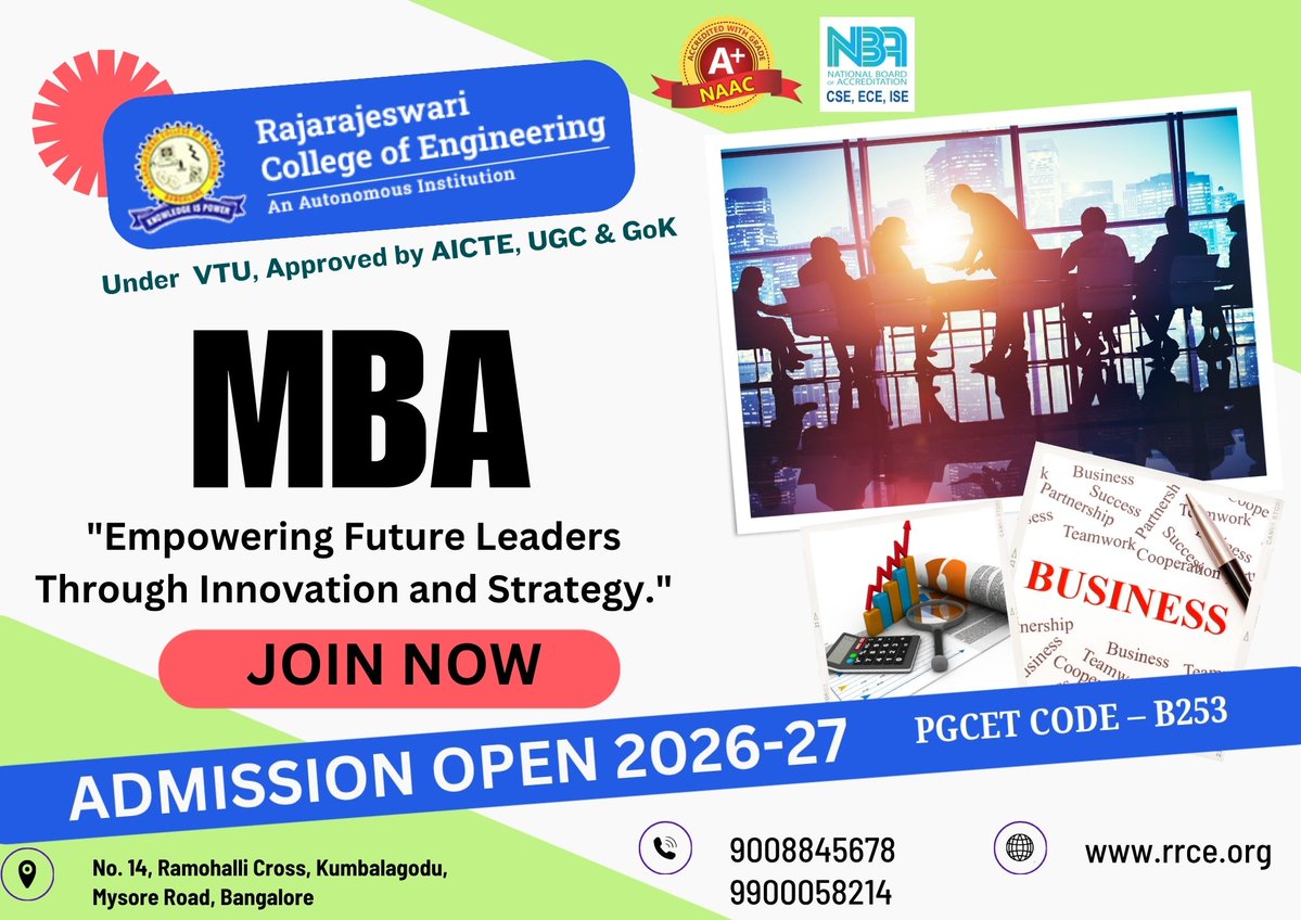 rrceblr's tweet photo. ๐ #ADMISSIONS_OPEN_2026_27 | #MBA @ #RRCE ๐ Build leadership, business & management skills with industry-focused learning. ๐ #PGCET_Code: B253 ๐ 90088 45678 | 99000 58214 #MBAAdmissions #PGCET #Bengaluru https://t.co/kI5CXOTWW2