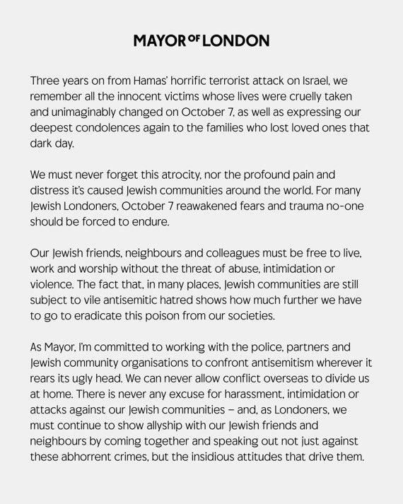 WasAcop's tweet photo. 🚨🚨Now you know why the Met won’t ban today’s march.🚨🚨

Sadiq Khan, the man who sets the police priorities, marked the anniversary of the October 7 attacks with this: 

“Today is also a moment to reflect on the unfathomable suffering and killing of Palestinians over the last three years, both in Gaza and in the West Bank. The UK Government is right to call out the reprehensible actions of the Israeli Government…”

What an absolute disgrace he is.