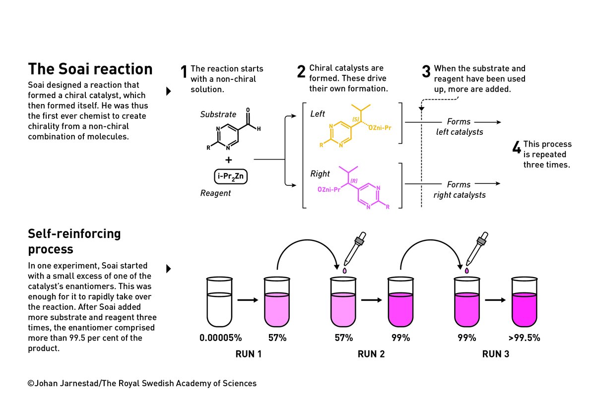 NobelPrize's tweet photo. Kenso Soai – awarded the 2026 #NobelPrize in Chemistry – designed the first chemical reaction in which only one of the potential mirror images was formed. Other than life itself, no one had ever achieved this feat. The Soai reaction is one of the most spectacular chemical experiments ever conducted.