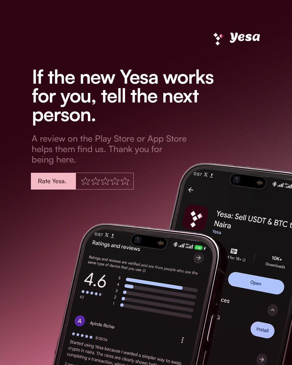 yesaapp's tweet photo. Found something you love? Don’t keep it to yourself.🙂‍↔️
If the new Yesa works for you, leave us a review and tell someone else about it. 

Your feedback helps more people discover a simpler way to manage their money.

Rate Yesa, Review Yesa, Share Yesa.🚀

#Yesa #YesaApp https://t.co/580kld6YMc