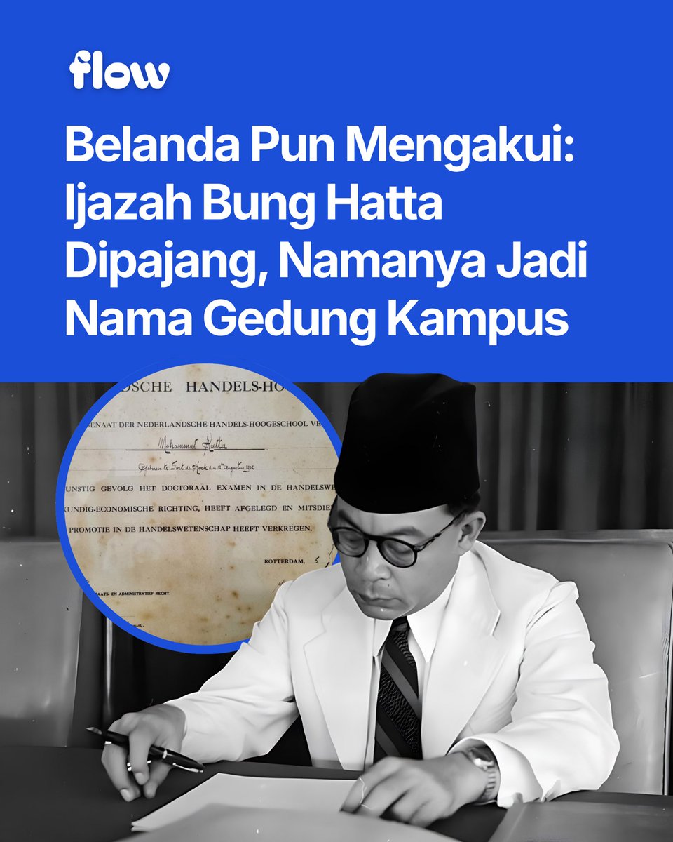 idnflow's tweet photo. Ijazahnya dipajang di Belanda, namanya diabadikan jadi nama gedung.

Di Erasmus University Rotterdam, ijazah Mohammad Hatta kini dipajang di Hatta Building sebagai bentuk penghormatan kampus terhadap jejak salah satu alumnus terpentingnya.

Hatta kuliah di Nederlandsche Handels-Hoogeschool, cikal bakal Erasmus University, pada 1921 hingga 1932. Ia menempuh studi ekonomi dan lulus ujian doctoraal pada 5 Juli 1932.

Tapi Hatta tidak hanya dikenang sebagai mahasiswa berprestasi. Selama kuliah di Rotterdam, ia aktif memimpin Perhimpunan Indonesia, organisasi mahasiswa yang lantang menyuarakan kemerdekaan Indonesia dari Belanda, langsung di jantung negeri penjajahnya.

Tak heran jika pihak Erasmus menyebut Hatta sebagai salah satu tokoh pendiri bangsa Indonesia. Bersama Soekarno, ia memproklamasikan kemerdekaan pada 17 Agustus 1945, lalu menjadi Wakil Presiden pertama RI.
Kini, namanya berdiri di antara gedung-gedung kampus, menjadi pengingat bahwa pena dan pikiran juga bisa menjadi senjata perjuangan.

Kalau Bung Hatta hidup di zaman sekarang, kira-kira apa pesan yang akan ia sampaikan untuk mahasiswa Indonesia? Tulis di kolom komentar.

#idnflow