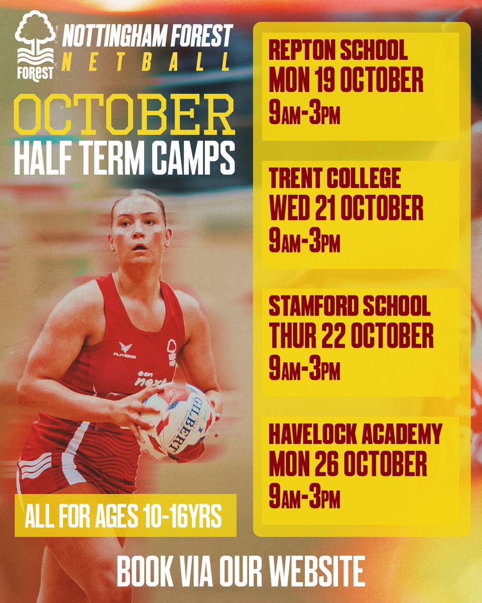 NFNetball's tweet photo. October half term, sorted! 🏐🌳 Join Nottingham Forest Netball for a day of netball, development and fun across four different locations.

Book your place now! https://t.co/ksdYFgeIdb https://t.co/McuGyag9eh