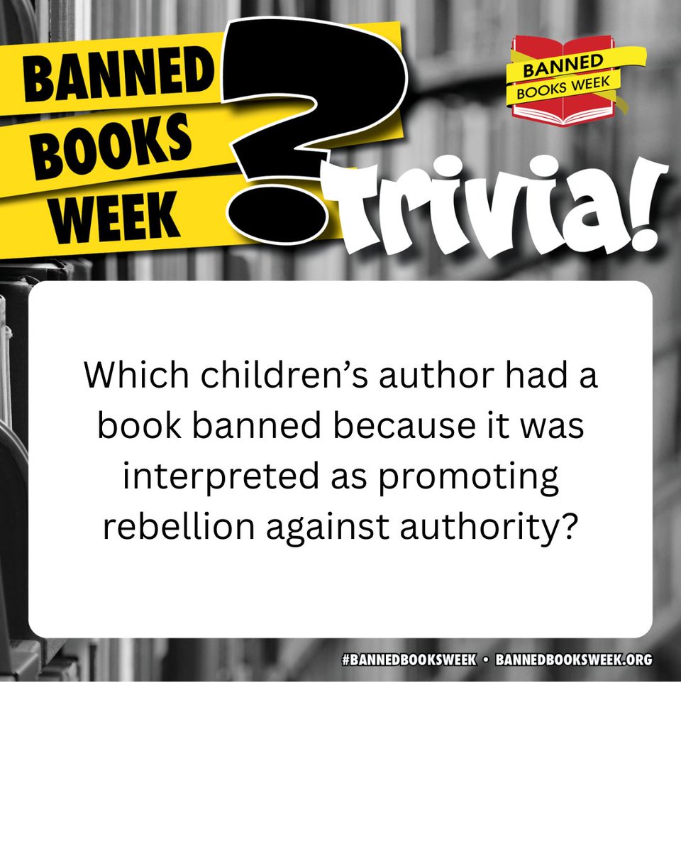 TraffLibraries's tweet photo. It's Banned Books Week! 📚✨
The answer to yesterdays question was - A Clockwork Orange by Anthony Burgess!
Test your knowledge with todays trivia and come back tomorrow for the answer!  #BannedBooksWeek #BookTrivia https://t.co/rqXmSZLrId